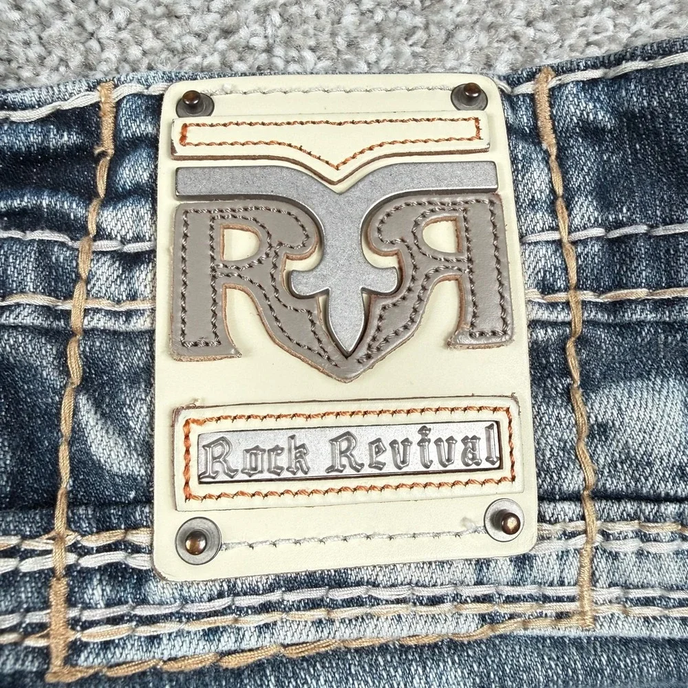 Rock Revival Tarmon Straight Jeans Mens 32x32 Medium Wash Distressed Denim